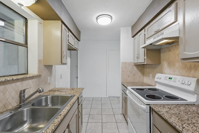 112 Bow Creek Cir, Red Oak, TX 75154 - kitchen featuring white electric stove, a sink, under cabinet range hood, and backsplash