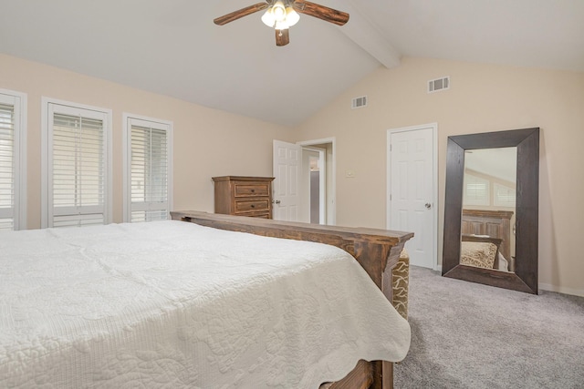 carpeted bedroom with high vaulted ceiling, ceiling fan, beam ceiling, and visible vents