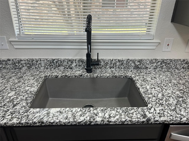interior details featuring stone counters and a sink