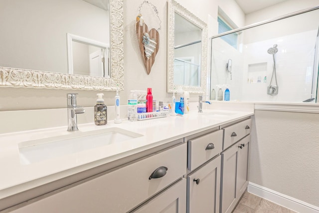 4125 Stockman Dr, Krum, TX 76249 - bathroom with double vanity and tiled shower