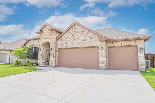 4125 Stockman Dr, Krum, TX 76249 - french country inspired facade featuring a garage, concrete driveway, central air condition unit, a front lawn, and roof with shingles