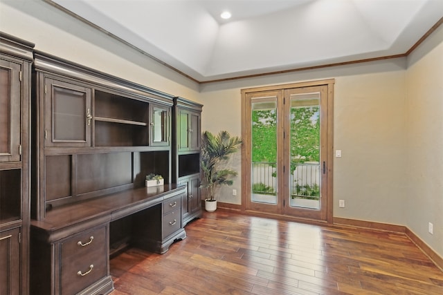 unfurnished office featuring built in study area, baseboards, and dark wood-style floors