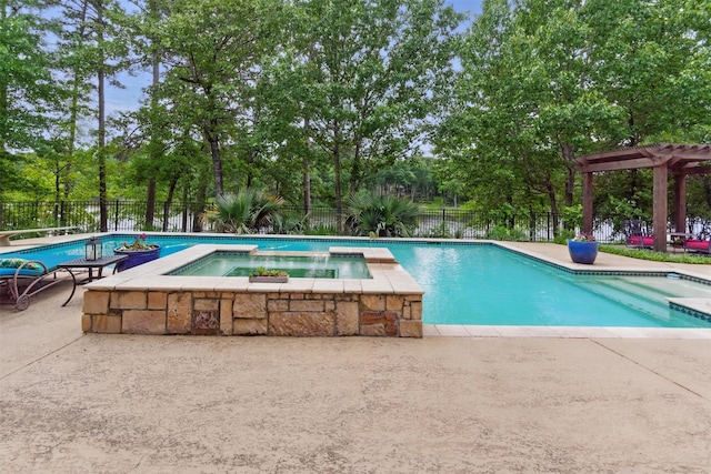 view of swimming pool featuring a fenced backyard, a pergola, a pool with connected hot tub, and a patio area