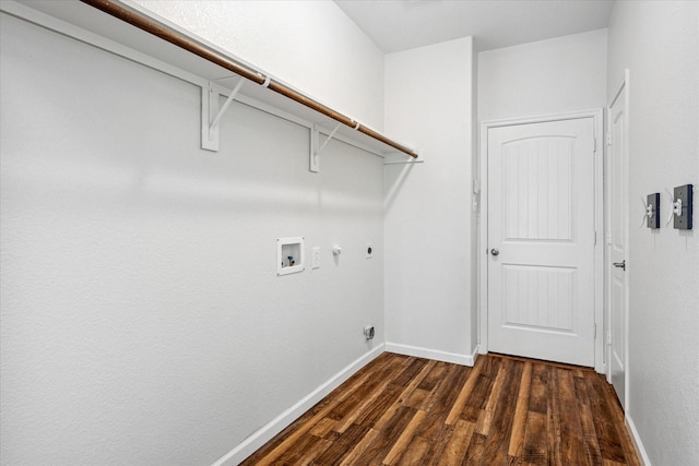 5208 Hidden Knolls Dr, Mckinney, TX 75071 - laundry room with hookup for an electric dryer, hookup for a gas dryer, washer hookup, dark wood finished floors, and baseboards