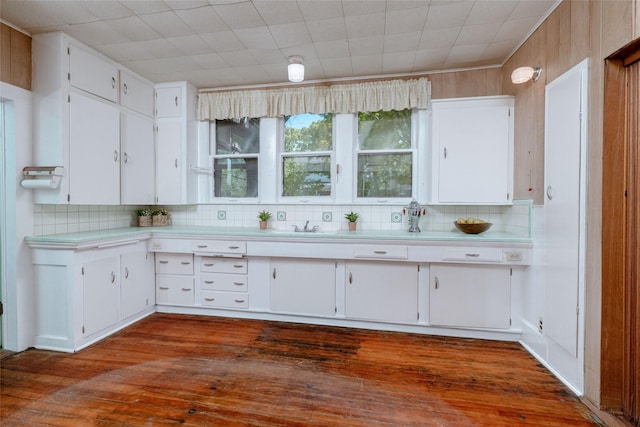 kitchen featuring white cabinets, dark wood-style flooring, tasteful backsplash, and light countertops