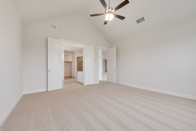 1006 Cascading Creek Dr, Rockwall, TX 75087 - unfurnished bedroom with light carpet, high vaulted ceiling, baseboards, and ceiling fan