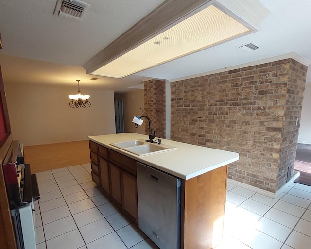 kitchen with dishwasher, visible vents, a sink, light tile patterned flooring, and a chandelier
