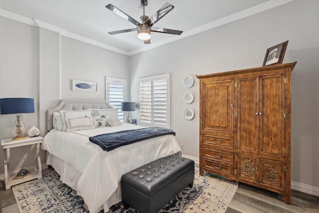 7909 Bal Harbour Ct, Fort Worth, TX 76179 - bedroom featuring baseboards, ornamental molding, wood finished floors, and ceiling fan