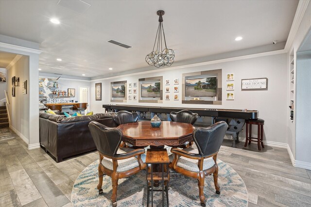 7909 Bal Harbour Ct, Fort Worth, TX 76179 - dining area with baseboards, recessed lighting, light wood-style flooring, crown molding, and stairs
