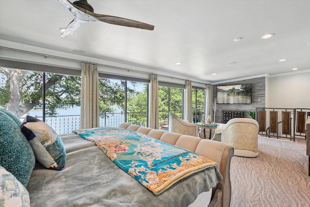 7909 Bal Harbour Ct, Fort Worth, TX 76179 - bedroom featuring multiple windows, access to exterior, ornamental molding, recessed lighting, and a ceiling fan