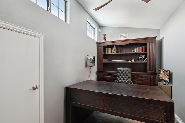 7909 Bal Harbour Ct, Fort Worth, TX 76179 - home office featuring a ceiling fan and lofted ceiling
