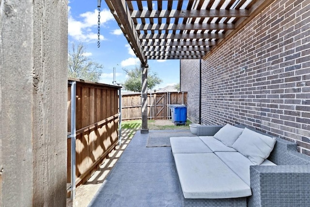 view of patio / terrace featuring a pergola, a fenced backyard, and outdoor lounge area