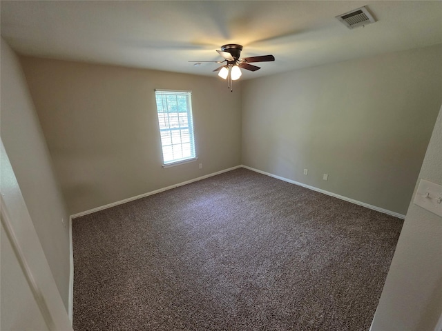 unfurnished room featuring baseboards, visible vents, a ceiling fan, and carpet