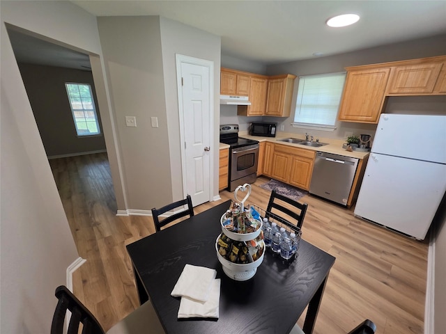kitchen with appliances with stainless steel finishes, a sink, plenty of natural light, and under cabinet range hood