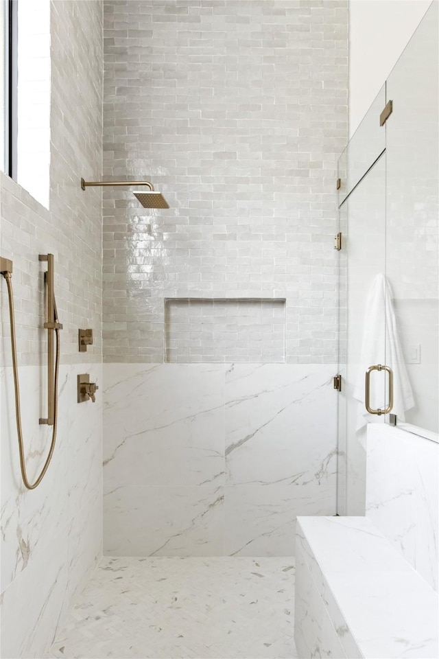 11736 Jamestown Rd, Dallas, TX 75230 - full bath featuring marble look tiles, a shower, double vanity, and backsplash