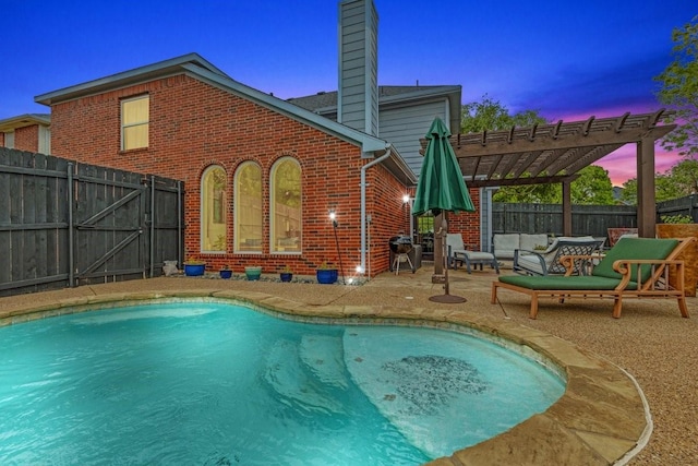 pool at dusk with a pergola, a patio area, a fenced in pool, and a fenced backyard