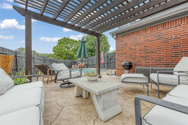 view of patio with a pergola, outdoor lounge area, a fenced backyard, a fenced in pool, and area for grilling