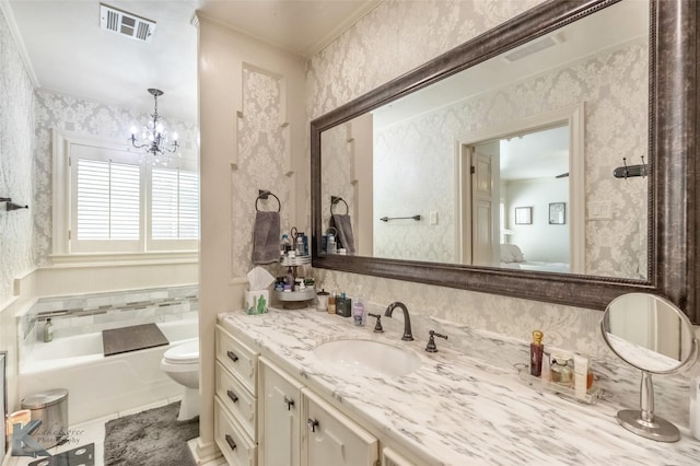 full bath with crown molding, wallpapered walls, vanity, a tub, and visible vents