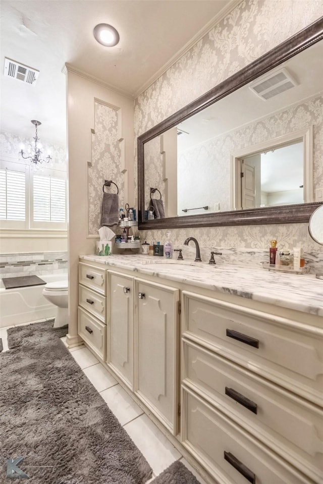 full bathroom featuring visible vents, tile patterned flooring, vanity, and toilet