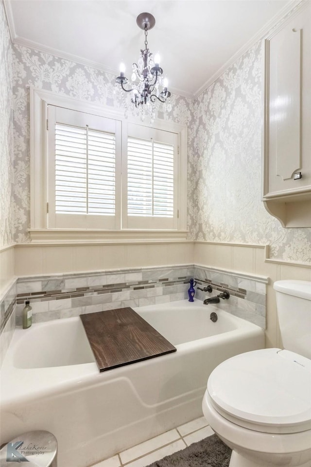 bathroom featuring a notable chandelier, crown molding, wallpapered walls, and tile patterned floors