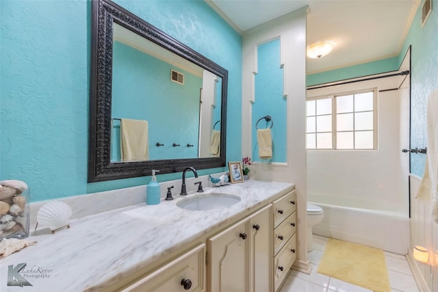 full bath with tile patterned floors, toilet, visible vents, crown molding, and vanity