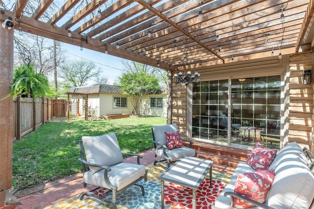 view of patio / terrace with a fenced backyard, a pergola, and an outdoor living space