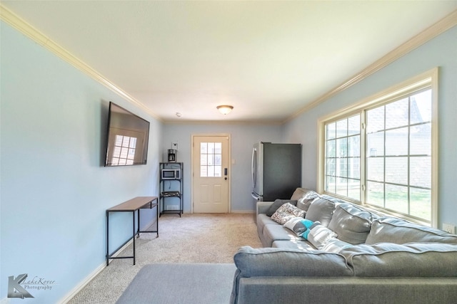 living area featuring light carpet, baseboards, and ornamental molding