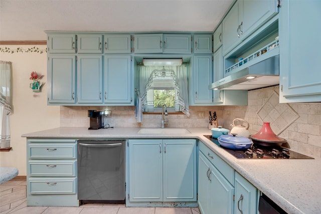 kitchen with dishwasher, light countertops, a sink, and backsplash