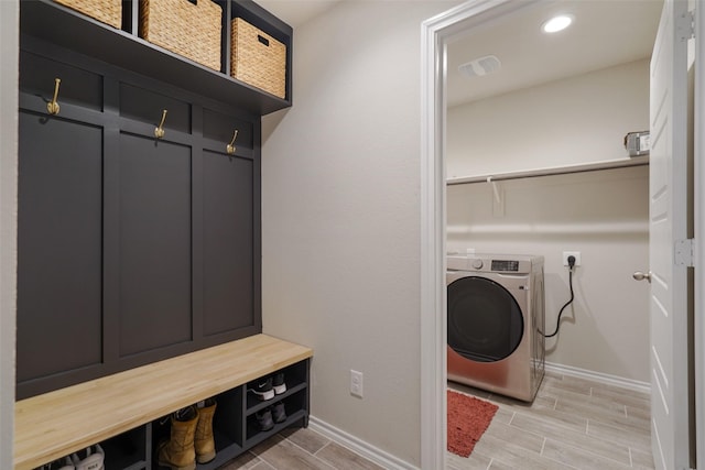 5753 Brookville Dr, Fort Worth, TX 76179 - clothes washing area featuring washer / clothes dryer, baseboards, wood tiled floors, and recessed lighting