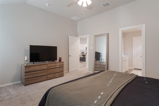 5753 Brookville Dr, Fort Worth, TX 76179 - bedroom with light colored carpet, vaulted ceiling, baseboards, ceiling fan, and ensuite bath