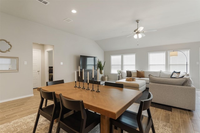 5753 Brookville Dr, Fort Worth, TX 76179 - dining room with wood tiled floors, lofted ceiling, a ceiling fan, baseboards, and recessed lighting