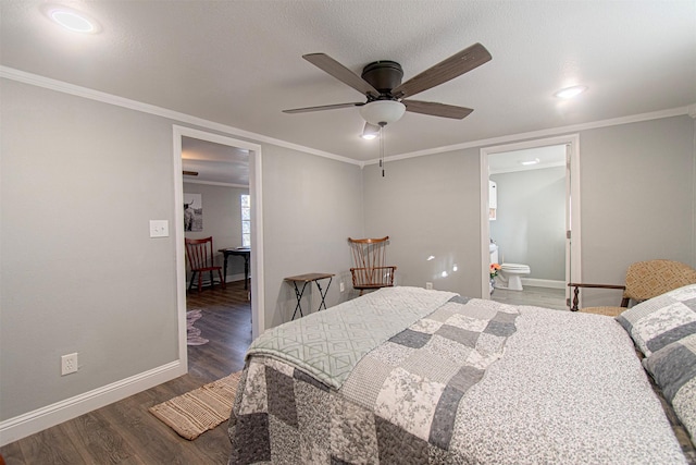 266 Yorkshire Dr, Gordonville, TX 76245 - bedroom featuring ceiling fan, baseboards, dark wood-style flooring, and crown molding