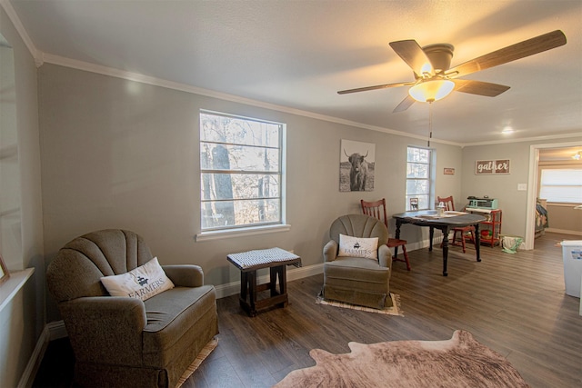 266 Yorkshire Dr, Gordonville, TX 76245 - living room with dark wood finished floors, a ceiling fan, baseboards, and ornamental molding