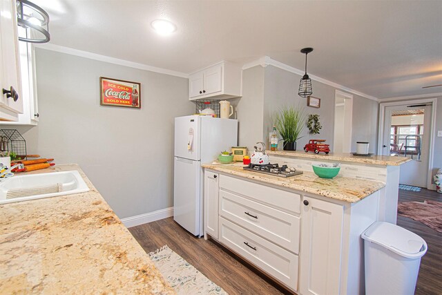 266 Yorkshire Dr, Gordonville, TX 76245 - kitchen with white cabinets, dark wood finished floors, freestanding refrigerator, crown molding, and baseboards