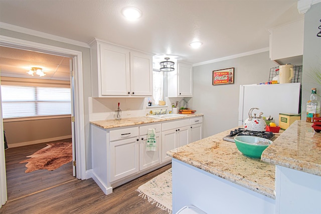 266 Yorkshire Dr, Gordonville, TX 76245 - kitchen featuring white cabinets, dark wood-style floors, a sink, backsplash, and crown molding