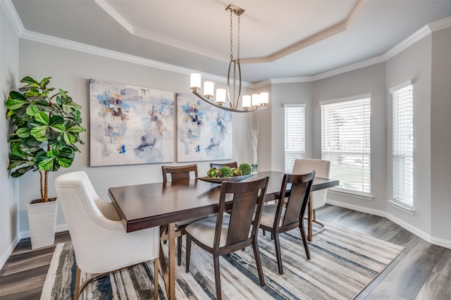 dining area with a tray ceiling, a healthy amount of sunlight, and wood finished floors