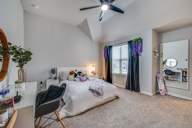 bedroom featuring baseboards, light carpet, a ceiling fan, and lofted ceiling