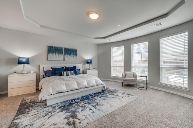 bedroom with visible vents, carpet flooring, baseboards, and a tray ceiling