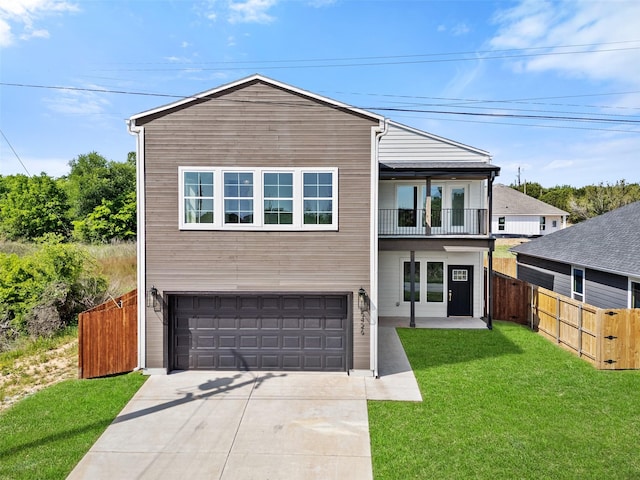 5426 Van Horn Dr, Granbury, TX 76048 - view of front of house with a balcony, concrete driveway, a front lawn, an attached garage, and fence