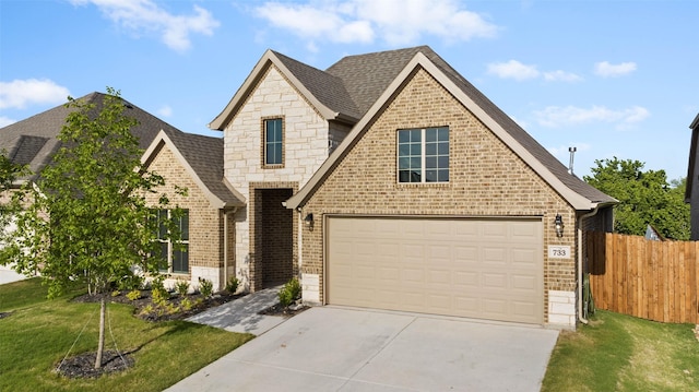 view of front facade with fence, driveway, stone siding, brick siding, and a garage