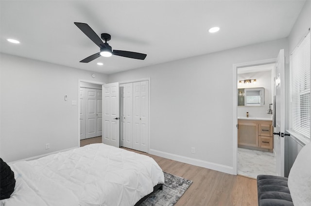 841 Lake Terrace Cir, Dallas, TX 75218 - bedroom featuring recessed lighting, baseboards, ensuite bathroom, light wood-style flooring, and a ceiling fan