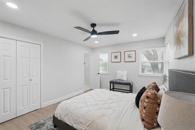 841 Lake Terrace Cir, Dallas, TX 75218 - bedroom featuring wood finished floors, recessed lighting, ceiling fan, baseboards, and a closet