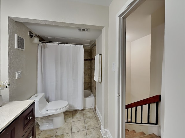 full bath featuring shower / tub combo with curtain, visible vents, toilet, and vanity