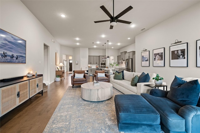 11721 Bull Creek Dr, Northlake, TX 76226 - living room featuring ceiling fan, dark wood-style flooring, and recessed lighting