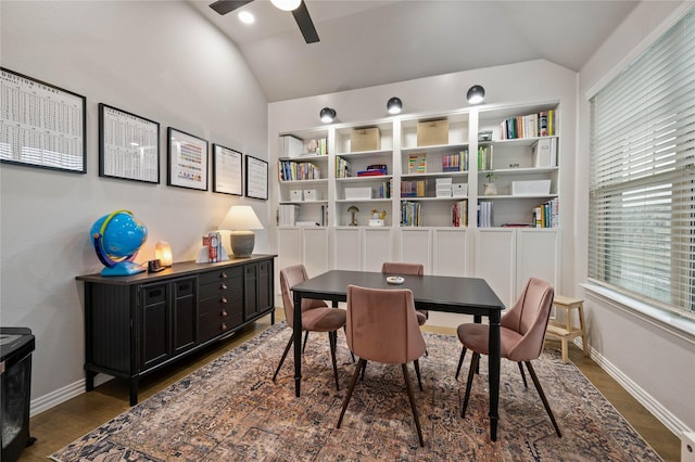 11721 Bull Creek Dr, Northlake, TX 76226 - dining room featuring vaulted ceiling, ceiling fan, healthy amount of natural light, a desk, and dark wood-style floors