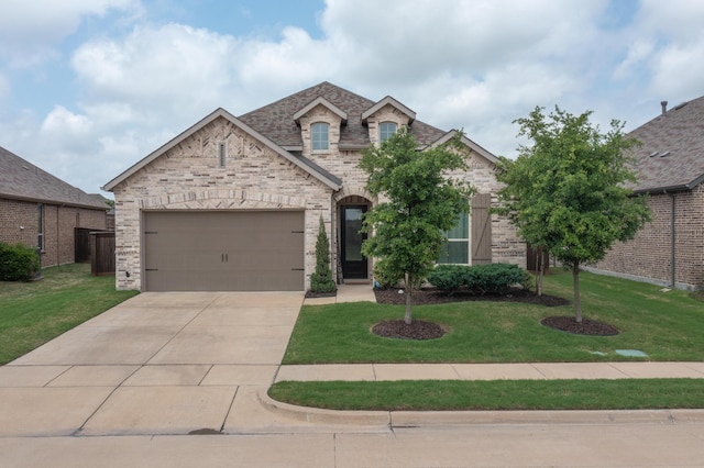french provincial home with a front yard, driveway, an attached garage, and brick siding
