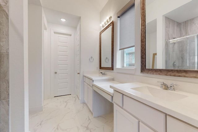 full bath featuring a shower stall, a sink, double vanity, recessed lighting, and marble finish floor