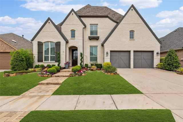 french country style house with brick siding, an attached garage, a front lawn, and driveway