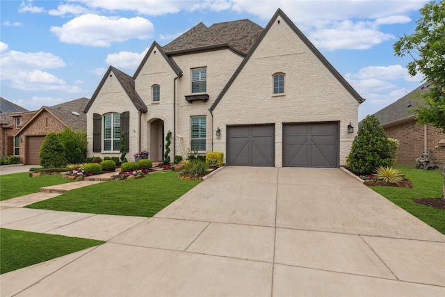french provincial home with driveway, brick siding, a front yard, and a garage