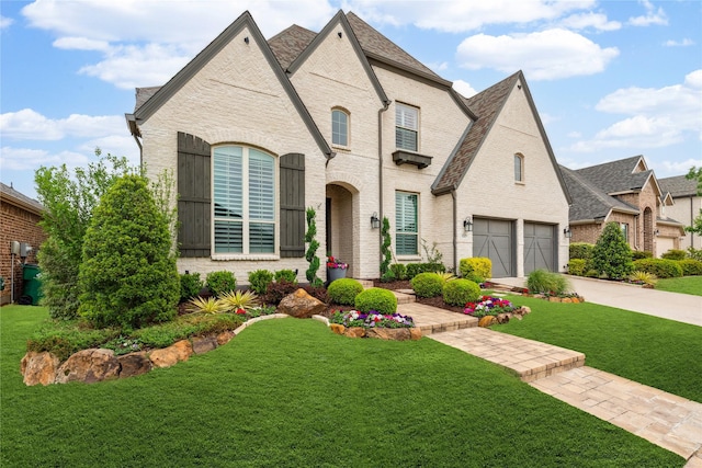 french country inspired facade featuring brick siding, a front lawn, driveway, and a garage